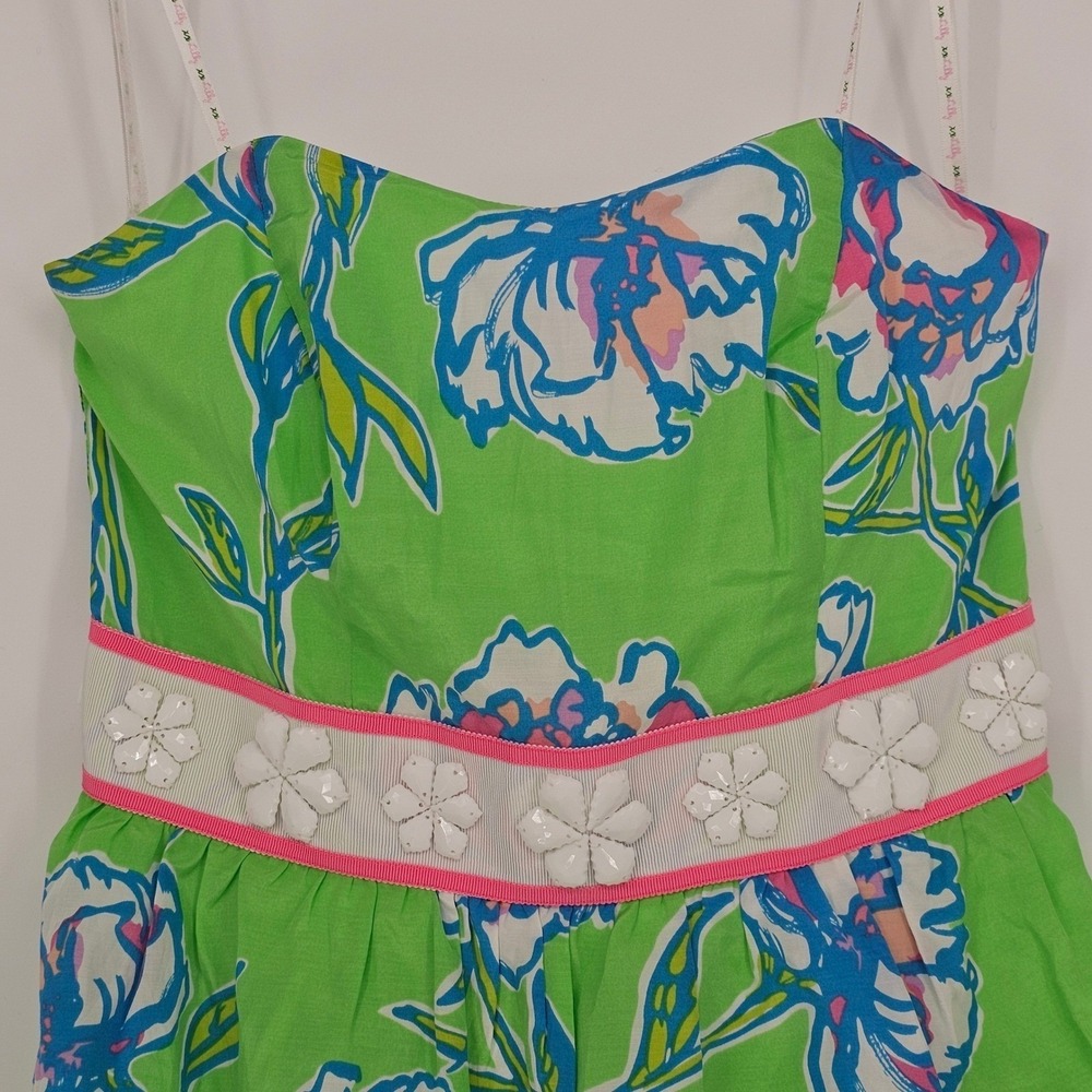 Lilly Pulitzer Langley Silk Cotton Strapless Dress 00 Green Floral Beaded Preppy - Picture 11 of 16